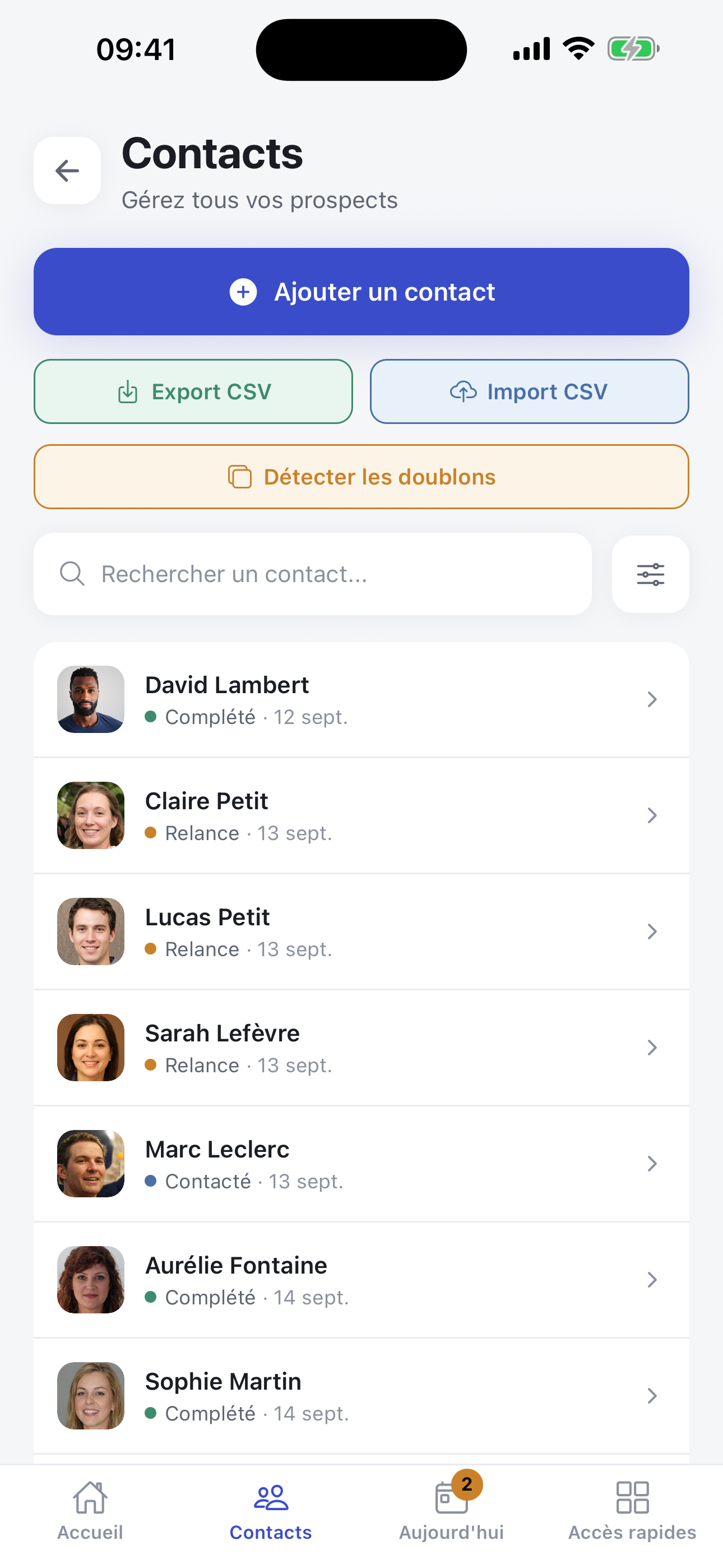Liste des contacts FlowNova avec recherche et import/export CSV